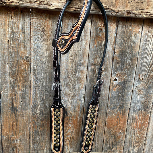 Rodeo Drive Two Tone Leather - Brass Studded One Ear Headstall / Bridle #FK117