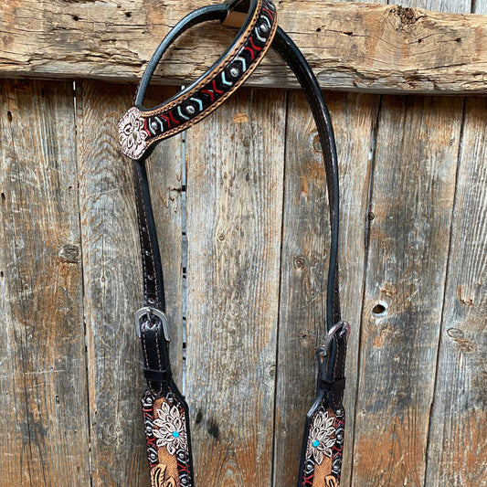 Rodeo Drive Two Tone Hand Painted flower One Ear Headstall / Bridle #FK120