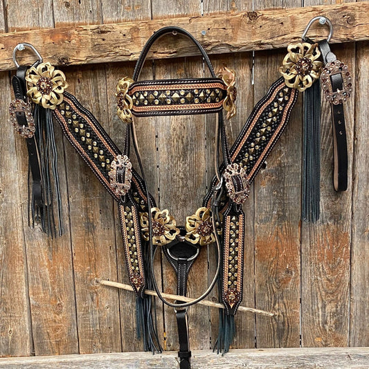 Rodeo Drive Two Tone Leather - Brass Studded Gold Browband / Breastcollar #BBBC538