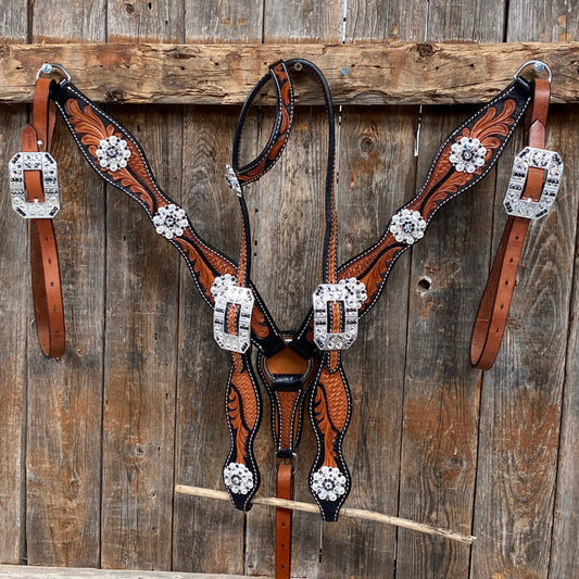 Rodeo Drive Two Tone Leaf Jet and Clear One Ear & Breastcollar Tack Set #OEBC543 - Or Separate!
