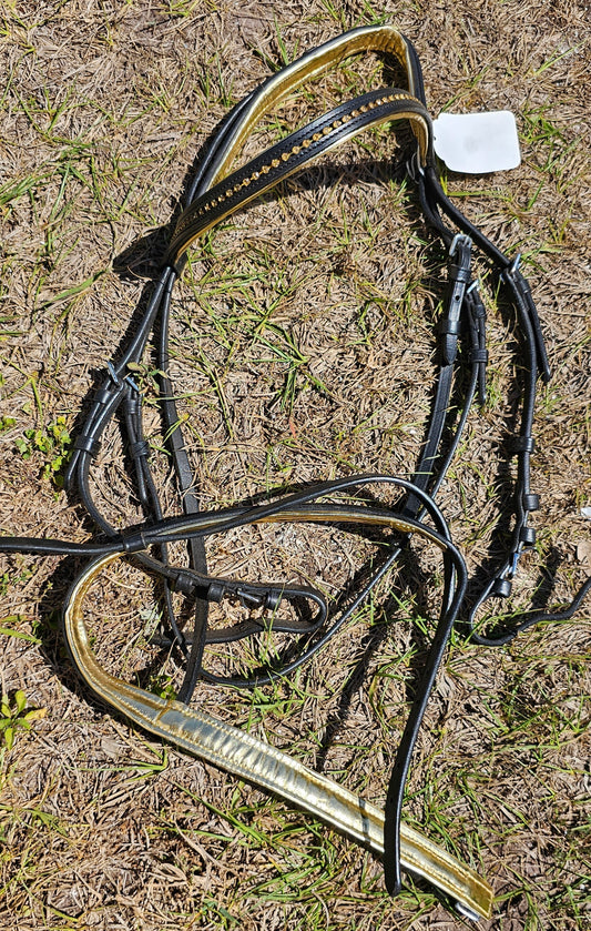 Black Dressage Bridle with Flash - Gold Browband and Inlay