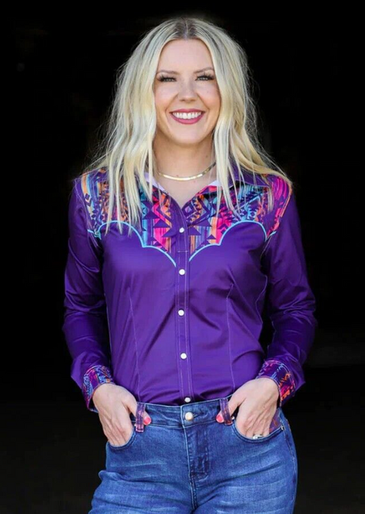 Ranch Dress'n Purple Aztec Performance Rodeo Shirt - Size XL